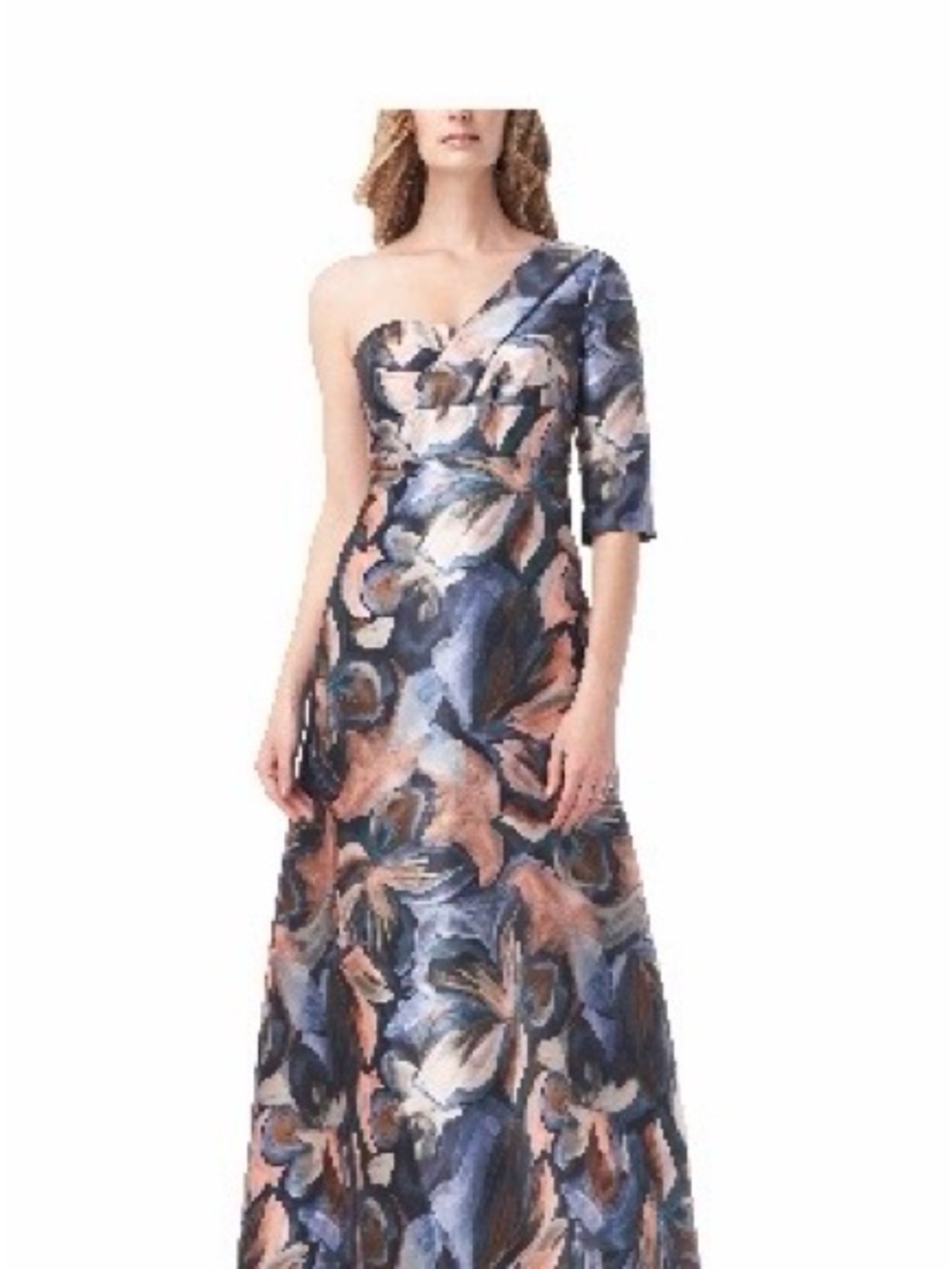 Kate Unger One-Shoulder Floral Gown in Navy and Blush